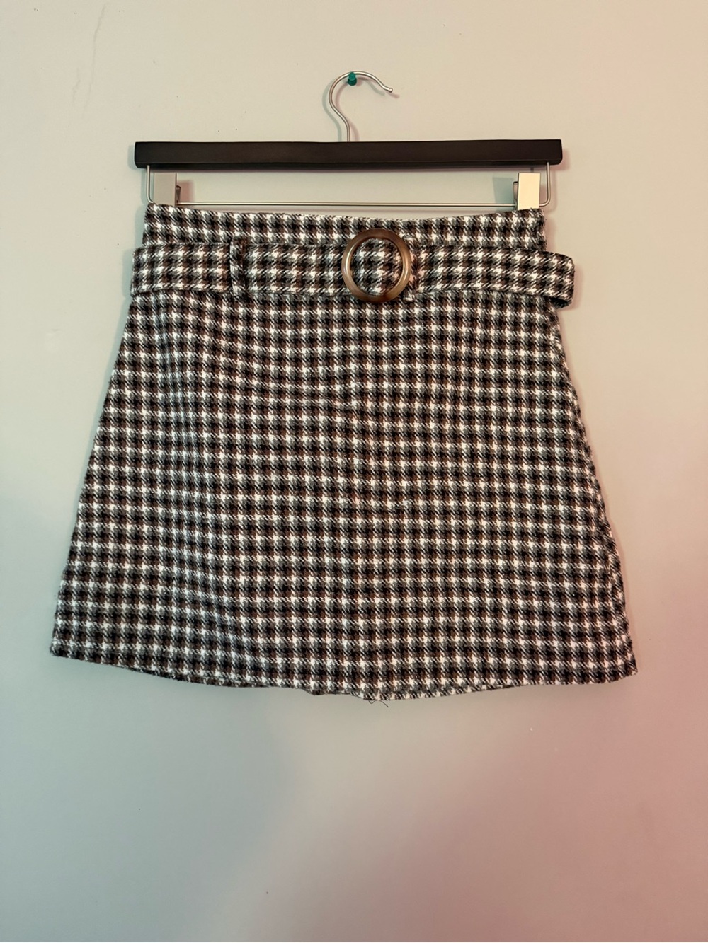 JustFab Houndstooth Belted Mini Skirt - Black & White